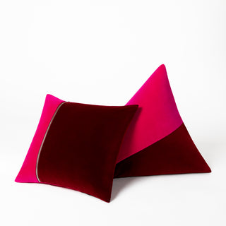 Shop our dark red modern throw pillow, the BEIJA BICOLOR. Pyramid-shaped and handmade from the finest velvet and materials by skilled craftspersons in our Manhattan studio.